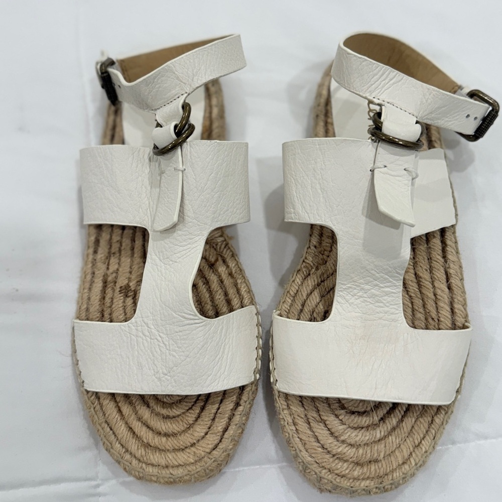 Splendid White Leather Sandals with‎ Braided Jute Sole, Size 8.5
